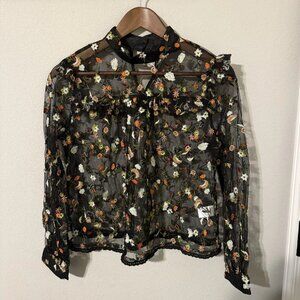 Black Floral Blouse Sheer Size L  The Moon brand | Goth Whimsical Formal Nature